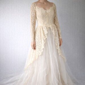 Vintage Lace Neckline Tulle Long Sleeve Princess Embroidery Dress Small 4 Cream